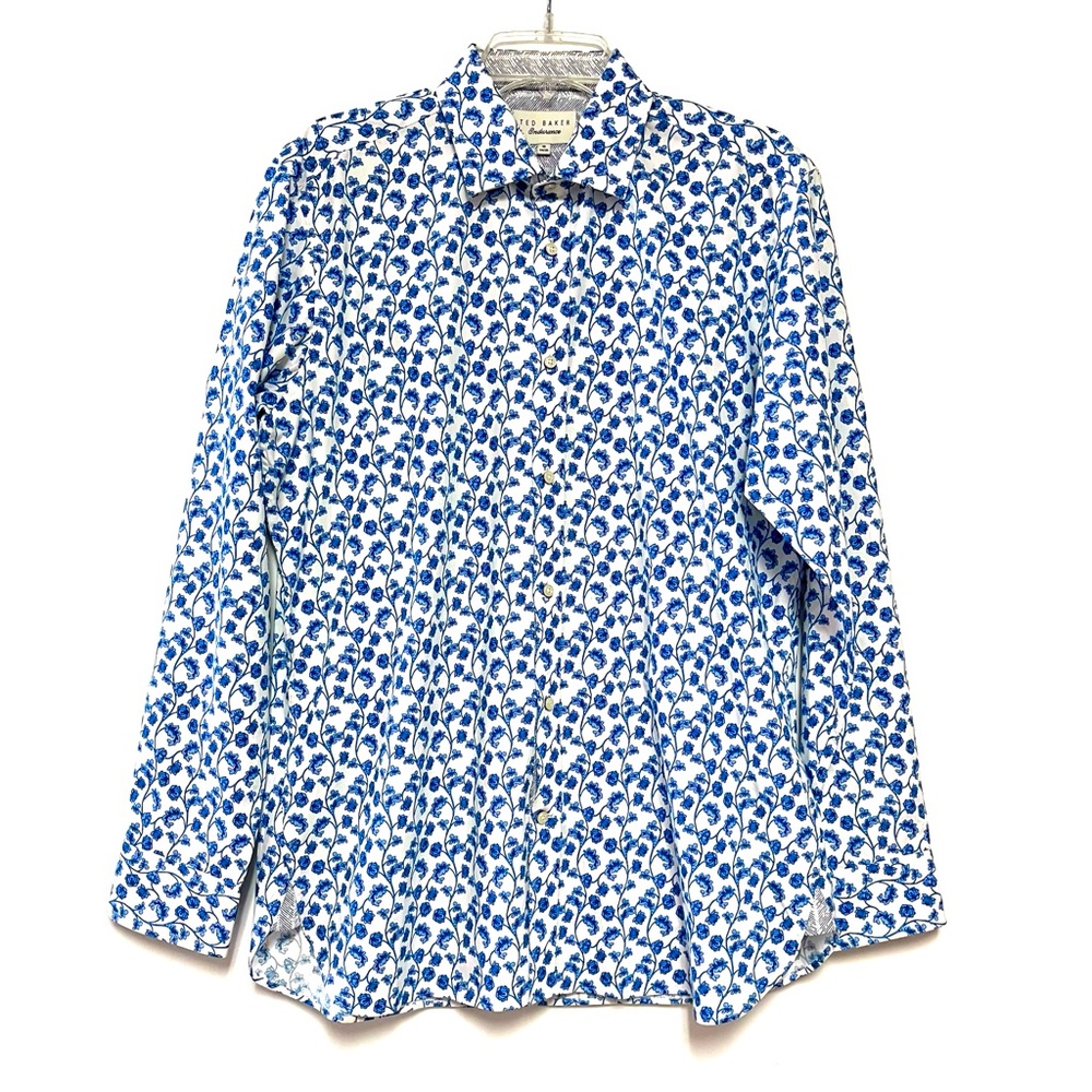 Ted Baker Blue and White Floral Pattern Dress Shirt - Sz 16, 34/35